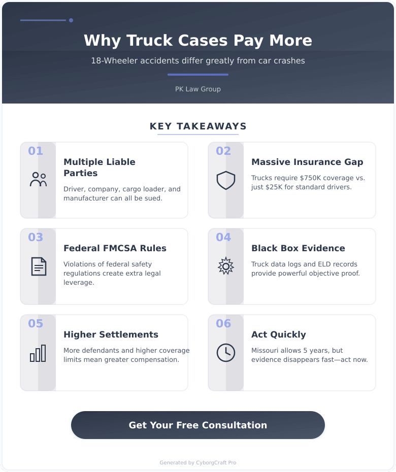 Infographic: 18-Wheeler vs. Passenger Car in Kansas City: Why Truck Accident Cases Are Different and Worth More - Key concepts and takeaways